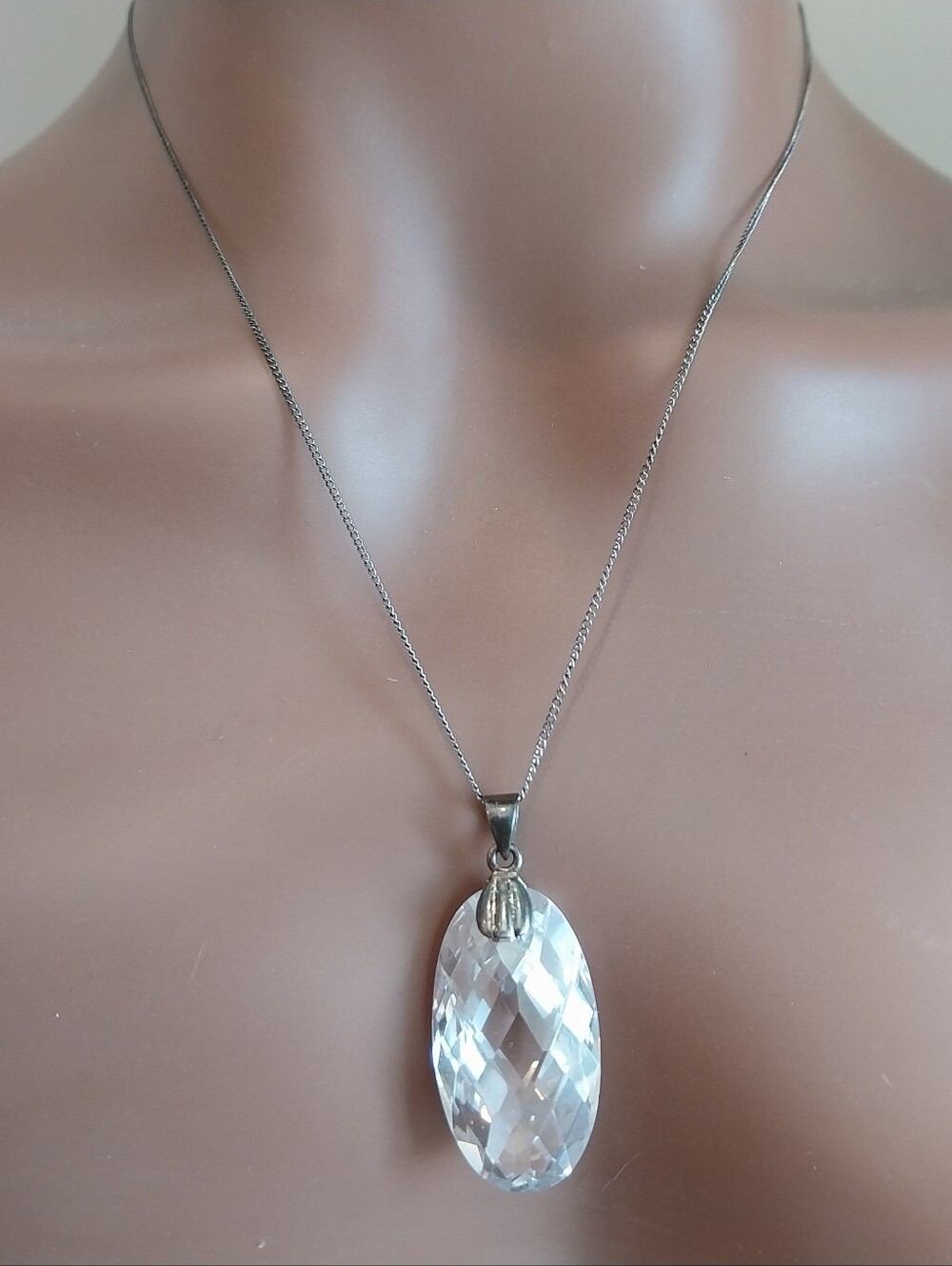 Vintage Stetling Silver Crystal Drop Pendant Necklace - Clear Crystal